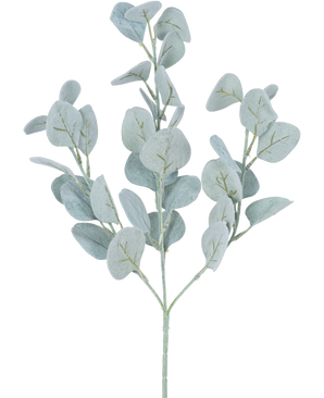 De Kunstbloem Eucalyptus rond 68 cm heeft lichtgroene, ronde bladeren op dunne stelen, mooi geïsoleerd tegen een witte achtergrond.