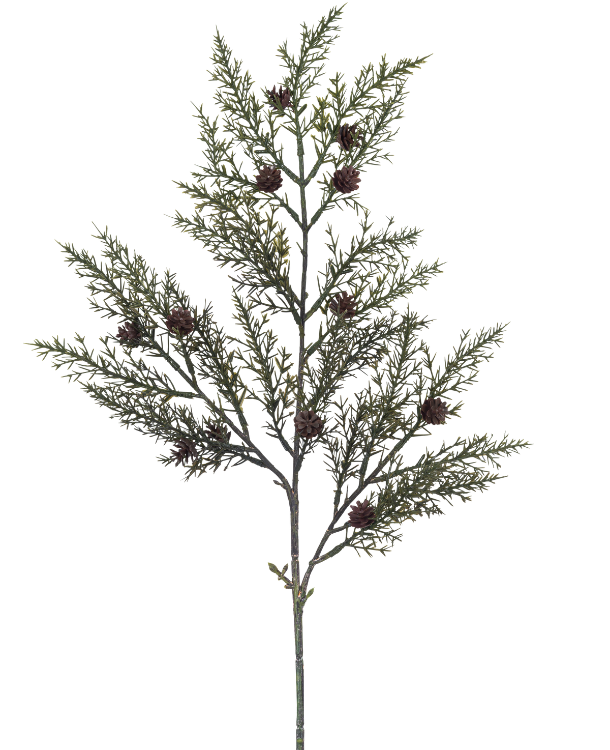La Branche Artificielle Aiguille de Pin 65 cm vert a une seule branche avec de fines feuilles vertes en forme d'aiguilles et de petites pommes de pin brunes sur un fond blanc.