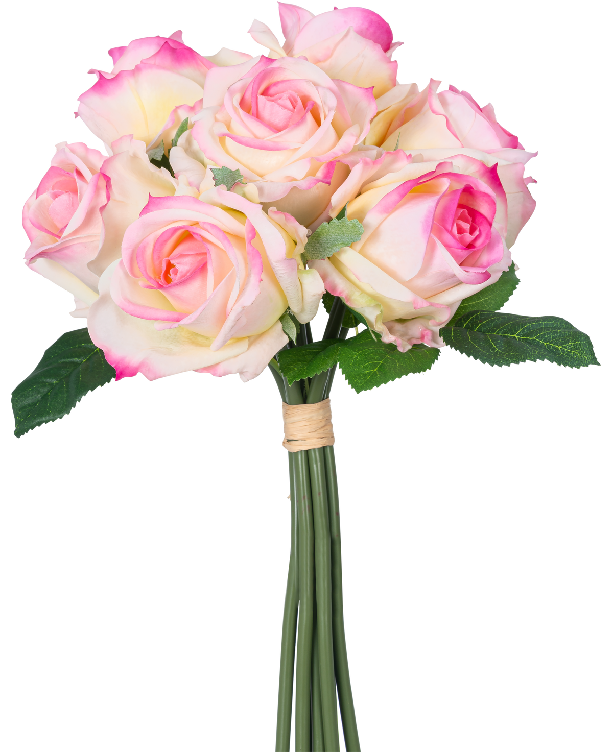 Le bouquet de roses artificielles 7 roses Real Touch crème/rose 30 cm comprend sept roses artificielles de couleur crème et roses avec des feuilles vertes et de longues tiges, nouées avec un ruban marron et représentées sur un fond blanc.