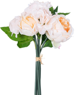 Een Kunstboeket mix bloemen Real Touch Champagne 30 cm heeft levensechte roze en perzikkleurige kunstbloemen met groene bladeren en lotusknoppen, gebonden met touw tegen een witte achtergrond.