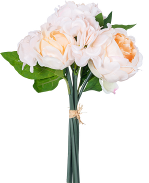 Een Kunstboeket mix bloemen Real Touch Champagne 30 cm heeft levensechte roze en perzikkleurige kunstbloemen met groene bladeren en lotusknoppen, gebonden met touw tegen een witte achtergrond.