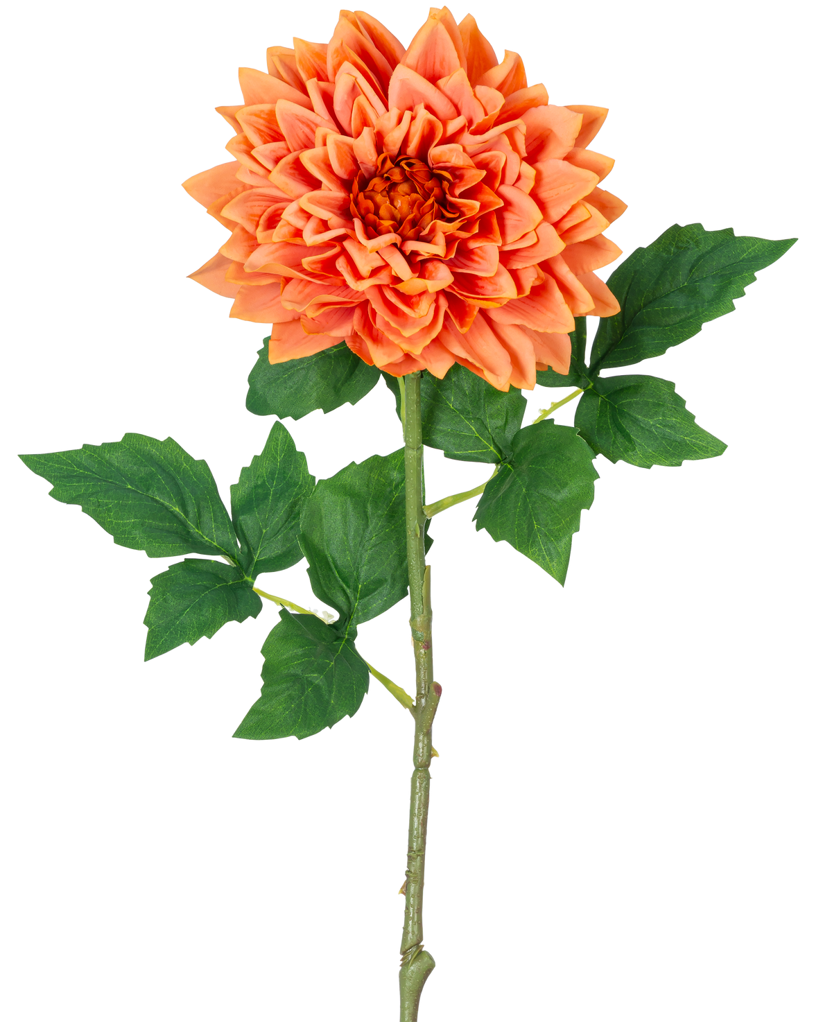 Une seule tige orange Kunst Georgine Real Touch de 70 cm présente des pétales de dahlia orange superposés et des feuilles vertes, sur un fond blanc.