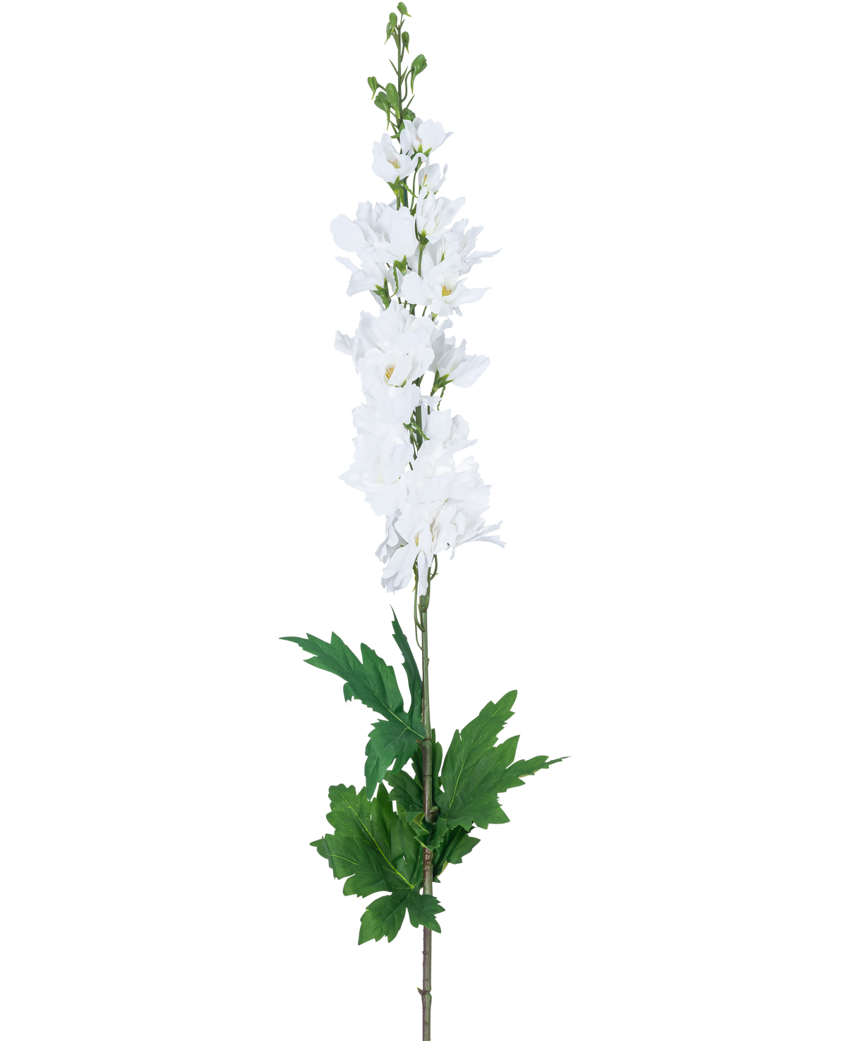 Un Delphinium artificiel Real Touch Blanc de 90 cm avec une longue tige avec des fleurs de pied d'alouette blanches et des feuilles vertes, isolées sur un fond blanc uni.