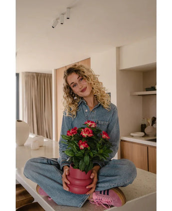 Une femme aux cheveux blonds bouclés, vêtue d'une combinaison en jean et de baskets roses, est assise les jambes croisées sur un comptoir de cuisine et sourit tout en tenant la plante artificielle Gardenia UV 39 cm de couleur fuchsia.