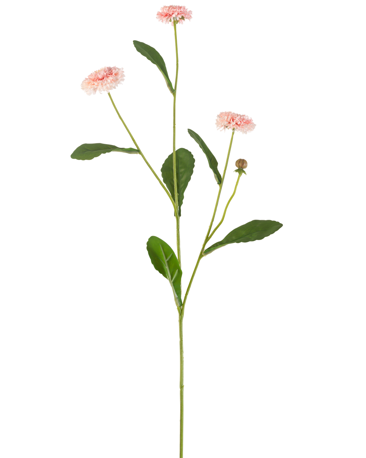 La Fleur Artificielle Summer Star 57 cm rose a une longue tige verte avec trois fleurs roses ressemblant à des marguerites et plusieurs feuilles vertes, sur un fond blanc uni.