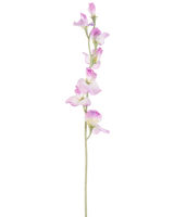 Een enkele lange Kunstbloem Erwt 64 cm paars steel met delicate paarse bloemen verticaal gerangschikt, tegen een effen witte achtergrond.