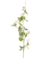 De Kunstbloem Winde 122 cm wit heeft een enkele steel met kleine witte bloemen, groene bladeren en gekrulde ranken tegen een effen witte achtergrond.