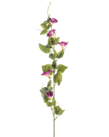 De Kunstbloem Winde 122 cm mauve heeft een enkele hoge groene steel met meerdere mauve en witte morning glory bloemen en groene bladeren over de lengte, tegen een witte achtergrond.