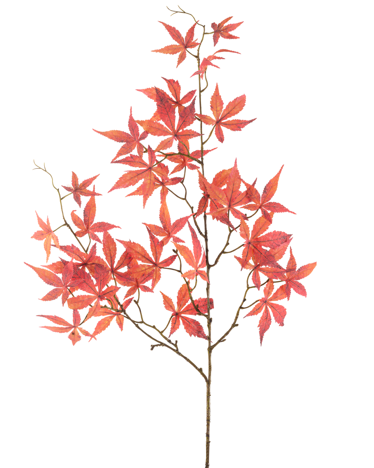 La fleur artificielle feuille d'érable 109 cm rouge possède de multiples branches fines décorées de feuilles d'érable rouge vif en forme d'étoile, joliment mises en valeur sur un fond blanc uni.