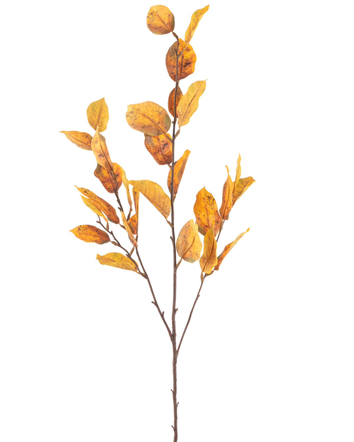 La Fleur Artificielle Feuille de Citron 107 cm jaune possède une seule branche marron avec des grappes de feuilles d'automne jaunes, isolées sur un fond blanc.