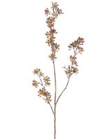 De Kunstbloem Bloemen 102 cm paars/groen heeft een enkele bruine stengel met meerdere takken, elk versierd met kleine gevlekte paarse en groene bladeren, tegen een effen witte achtergrond.