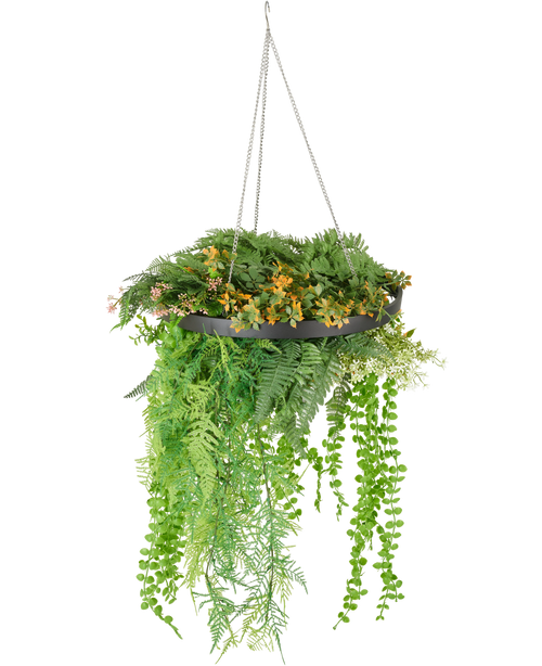 La fougère artificielle suspendue UV 40 cm en anneau noir contient des plantes artificielles vertes et jaunes luxuriantes et des vignes sinueuses dans une plante suspendue noire avec des chaînes argentées, sur un fond blanc.