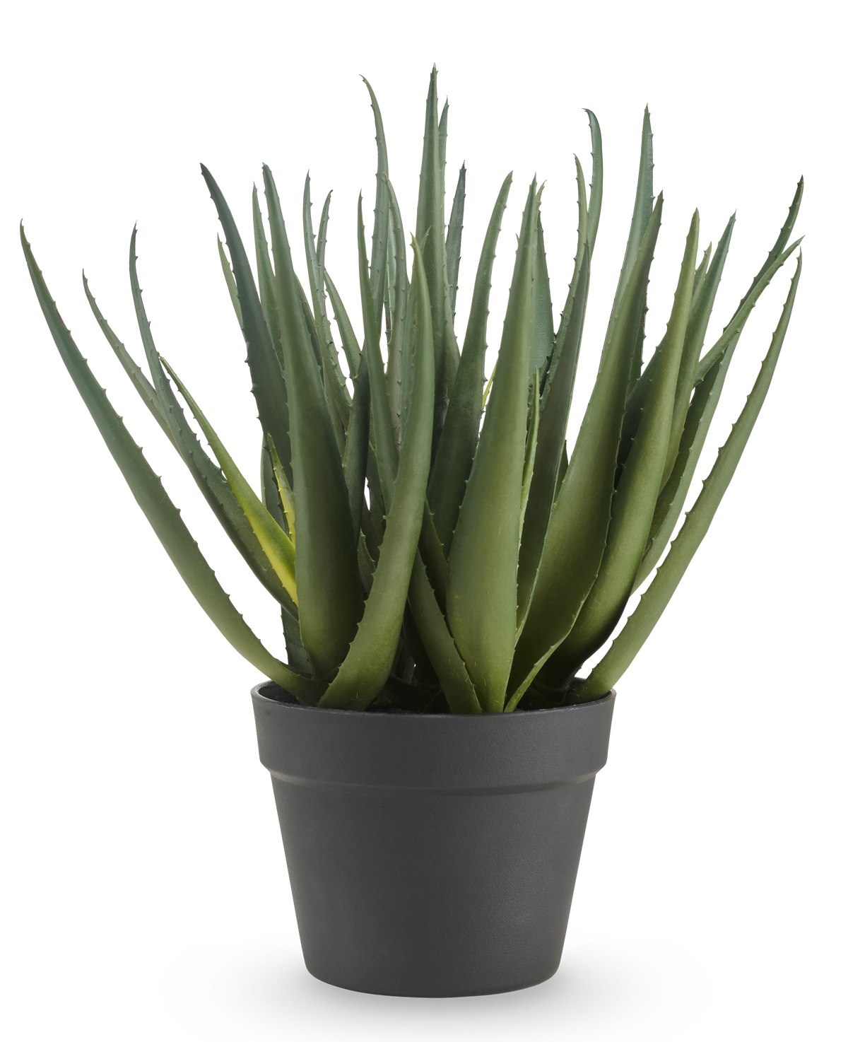La plante d'aloès artificielle de 46 cm a de longues feuilles vertes pointues et est présentée dans un simple pot gris foncé, sur un fond blanc uni.