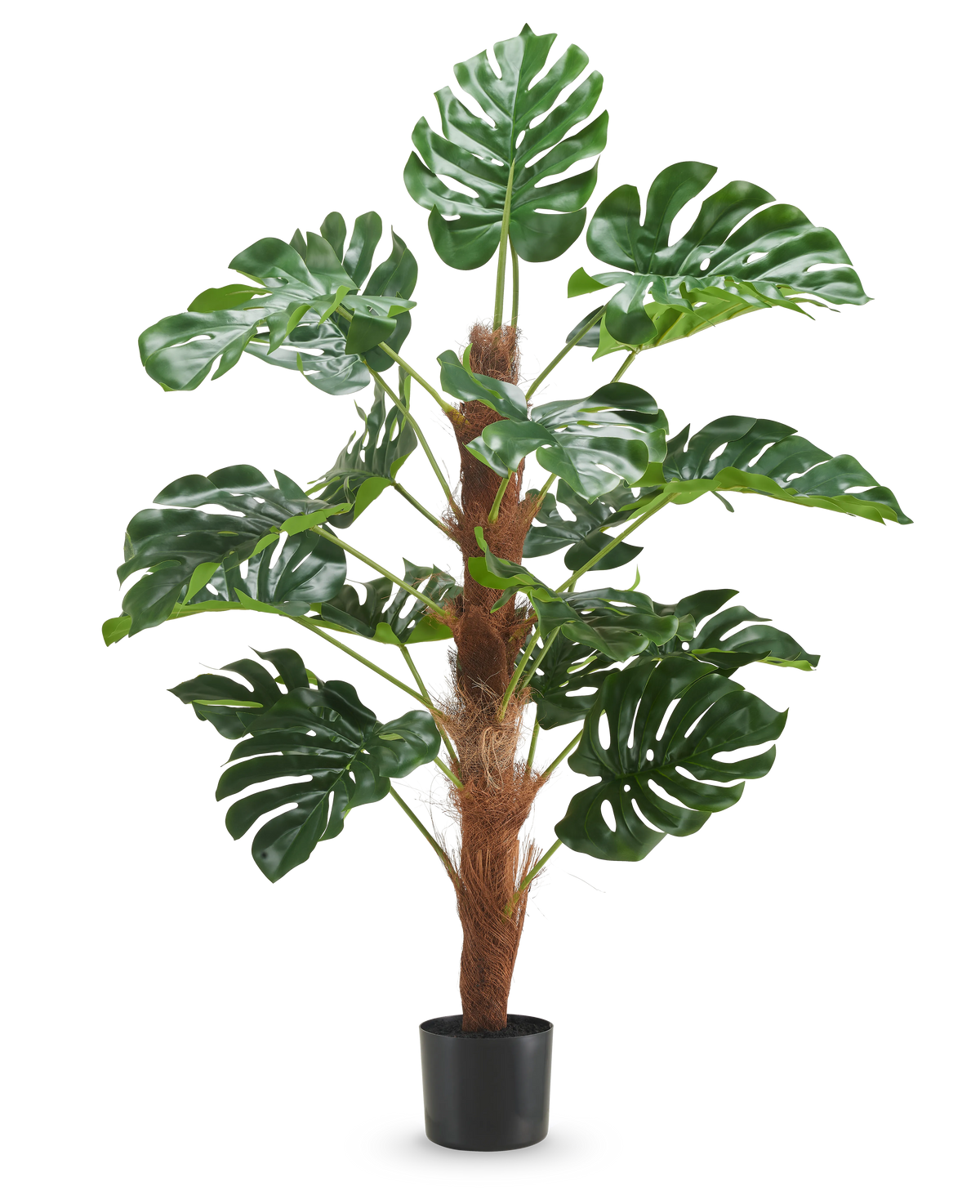 La Plante Artificielle Monstera 120 cm est une plante artificielle en pot avec de grandes feuilles vertes brillantes et une tige marron texturée sur un fond blanc uni.