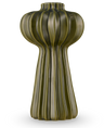 Le vase Morning Dawdrop 25 cm vert est un vase grand et moderne avec une finition vert olive brillante, des crêtes verticales et une forme organique et sculpturale qui se rétrécit d'un sommet sphérique à une base cannelée élégante.