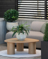 Sur un petit tapis à côté d'un canapé gris sur une terrasse se trouve une table basse en bois surmontée d'une plante artificielle Bird's Deluxe de 60 cm, avec quelques plantes en pot en arrière-plan.