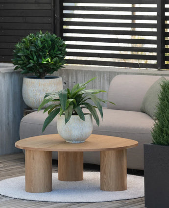 Sur un petit tapis à côté d'un canapé gris sur une terrasse se trouve une table basse en bois surmontée d'une plante artificielle Bird's Deluxe de 60 cm, avec quelques plantes en pot en arrière-plan.