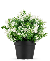 La Plante Artificielle Trèfle à Quatre Feuilles blanc UV 22 cm est un pot de fleurs noir avec des feuilles vertes artificielles et des petites fleurs blanches sur fond blanc uni.