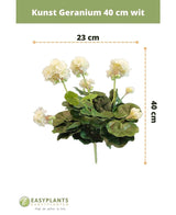 Kunst Geranium 40 cm wit: kunstplant met groene bladeren, hoogte 40 cm en breedte 23 cm, mooi weergegeven tegen een witte achtergrond met duidelijke maatvoering.