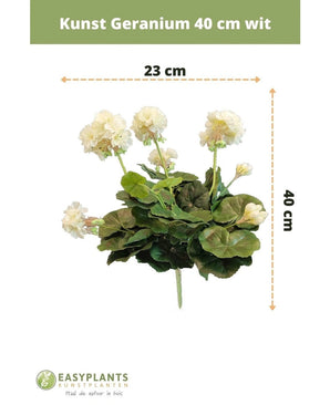 Kunst Geranium 40 cm wit: kunstplant met groene bladeren, hoogte 40 cm en breedte 23 cm, mooi weergegeven tegen een witte achtergrond met duidelijke maatvoering.