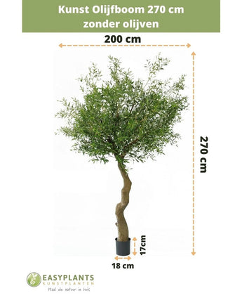 Kunst Olijfboom 270 cm zonder olijven in pot, totaal 270 cm hoog en 200 cm breed. Pot is geschikt voor sierpotten, hoogte 17 cm, diameter 18 cm. Nederlandse tekst boven/onder toont maten en branding.