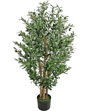 De Kunst Olijfplant 120 cm UV is een hoge kunstolijfboom met meerdere houten stammen en dichte groene bladeren in een kleine zwarte pot.