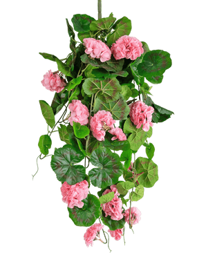De Kunst hangplant Geranium 75 cm roze heeft kunstmatige groene bladeren en roze geraniumbloemen die naar beneden vallen, perfect als hangdecoratie tegen een witte achtergrond.