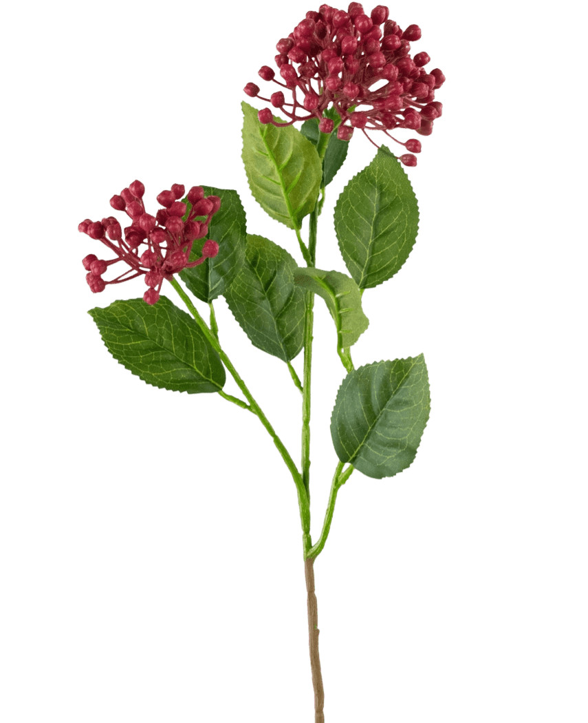 Une seule fleur d'hortensia artificielle de 55 cm de tige rose foncé avec des feuilles vertes et deux bouquets de petits boutons ronds rose foncé sur un fond blanc uni.