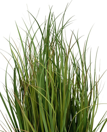 Het Kunstgras Dogtail uiengras Bran 90 cm, brandvertragend, heeft lange, slanke groene halmen met hier en daar bruine puntjes, die afsteken tegen een witte achtergrond.