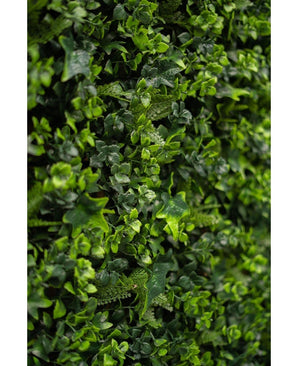 Close-up van dicht groen gebladerte met kleine bladplanten en wijnranken, met de weelderige Kunsthaag mattenmix 50x50 cm, perfect voor het maken van een levendige verticale groene wand.