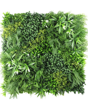 De Kunsthaag Freshness 100x100 cm UV is een vierkant groen paneel dat dicht begroeid is met verschillende kunstplanten en -bladeren, waardoor een weelderige, levendige en getextureerde verticale tuin ontstaat.