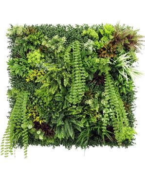 De Kunsthaag Lush Deco Deluxe 100x100 cm UV is een vierkante verticale tuin met dicht, meerkleurig groen gebladerte en varens, gerangschikt in een levendig, natuurlijk patroon tegen een witte achtergrond.