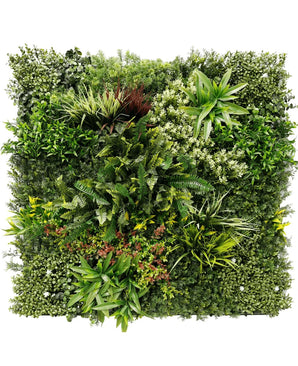De Kunsthaag Prestiage 100x100 cm UV is een vierkant verticaal tuinpaneel met dicht, weelderig groen gebladerte in een gestructureerd patroon, perfect voor levendige wanddisplays tegen een witte achtergrond.