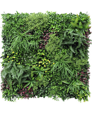De Kunsthaag Wonderland 100x100 cm UV is een vierkant verticaal tuinpaneel met een dichte mix van groene planten, varens, bladranken en kleine struiken in verschillende texturen en tinten.