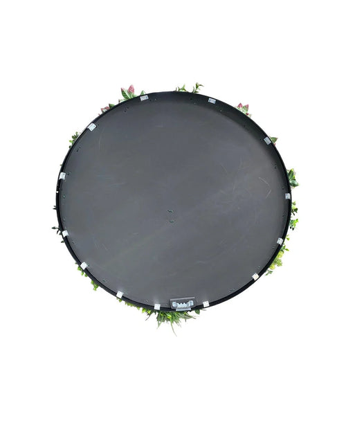 Haie Artificielle sur trampoline Cadre Noir Ø100 cm, vue de dessus avec des feuilles vertes et des fleurs roses sur le pourtour, sur fond blanc.