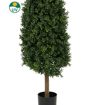 De Kunstplant Buxus Pyramide UV 120 cm heeft dichte groene bladeren in een zwarte pot. In de linkerbovenhoek staat een UV-beschermingssymbool tegen een witte achtergrond.