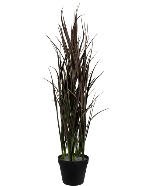 Le gazon artificiel Bordeaux UV 90 cm est une plante artificielle haute avec des feuilles longues et étroites vert foncé et marron qui se dressent verticalement dans un pot noir, sur un fond blanc uni.
