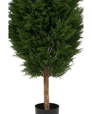 La Plante Artificielle Conifère UV 180cm est un arbre vert artificiel en pot avec des feuilles denses vert foncé et un tronc marron, présenté dans un simple pot noir sur fond blanc.