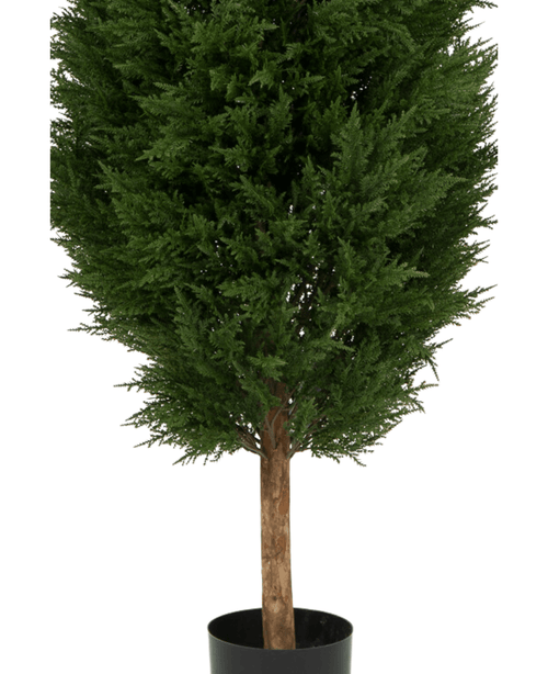 La Plante Artificielle Conifère UV 180cm est un arbre vert artificiel en pot avec des feuilles denses vert foncé et un tronc marron, présenté dans un simple pot noir sur fond blanc.