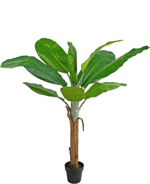De Kunstplant Bananenboom 150 cm heeft brede, levendige groene bladeren en een hoge bruine stam, gepresenteerd in een pot tegen een effen witte achtergrond.