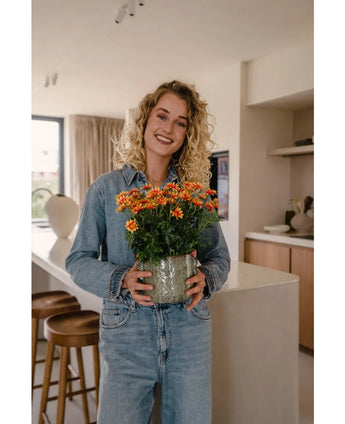 Een vrouw met krullend blond haar in een spijkerjasje en spijkerbroek staat binnen en glimlacht terwijl ze de Kunstplant Daisy UV 31 cm vasthoudt. Achter haar is een moderne keuken met houten krukjes en een neutrale inrichting.