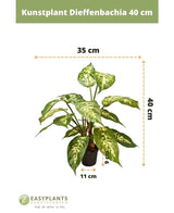 Kunstplant Dieffenbachia 40 cm: groene bladeren met witte patronen. Hoogte 40 cm, breedte 35 cm. Pot Ø11 cm, hoogte 9,5 cm. Perfect voor sierpotten. Easyplants Kunstplanten logo onderaan.