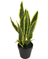De Kunstplant Sansevieria Laurentii 44 cm heeft lange, rechtopstaande groene bladeren met gele randen en wordt geleverd in een decoratieve pot, tegen een effen witte achtergrond.