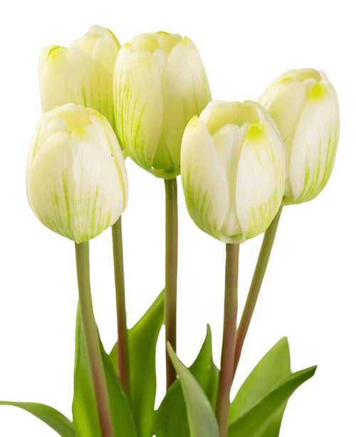 Le bouquet de tulipes artificielles Real Touch vert/blanc 40 cm comprend six tulipes jaune clair avec des accents verts et de longues tiges vertes, debout sur un fond blanc avec des feuilles vertes à la base.
