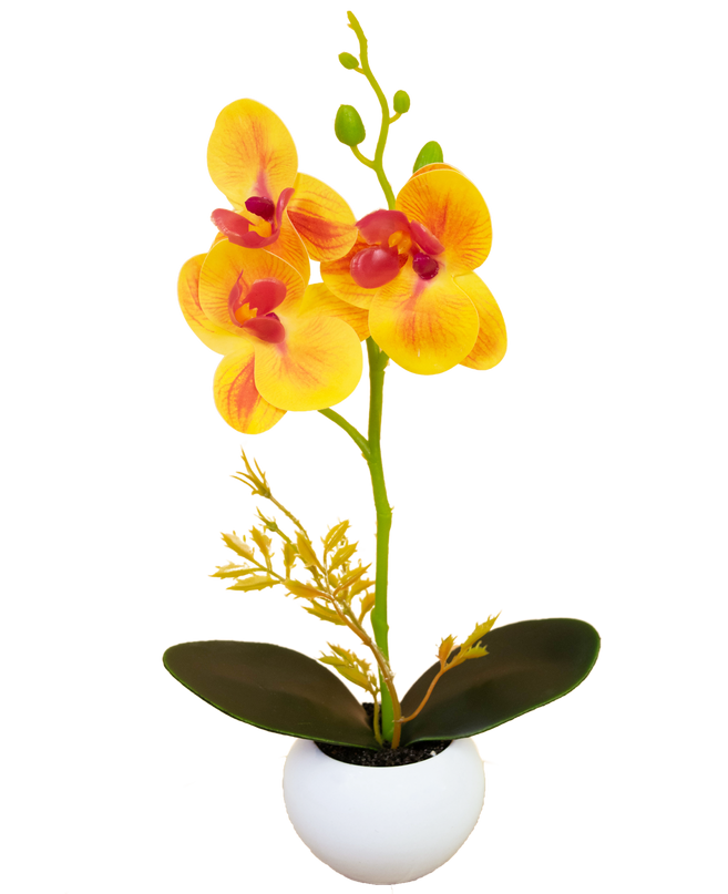Orchidée artificielle 28 cm jaune/rouge dans un pot