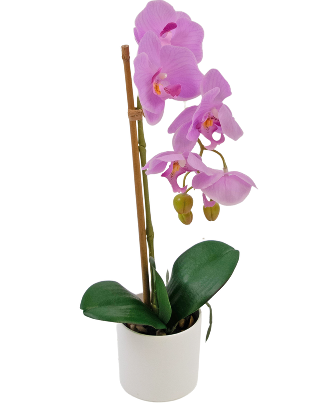 Orchidée artificielle 42 cm lilas dans un pot blanc