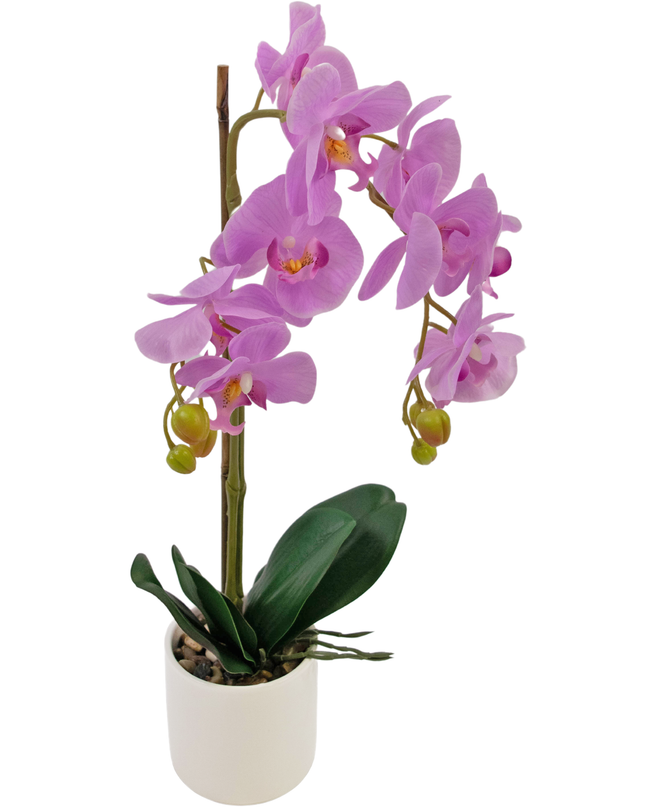 Orchidée artificielle 52 cm lilas dans un pot blanc