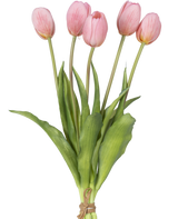 A Kunsttulpenboeket Real Touch Roze 40 cm: een klein boeket van vijf roze kunsttulpen met groene bladeren en stelen, samengebonden met touw op een witte achtergrond.