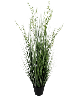 Le gazon artificiel millet-oignon bonsaï 120 cm ignifuge présente des brins verts hauts et élancés et de petites fleurs blanches dans un simple pot noir, sur un fond blanc uni.