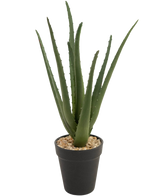 De Kunstplant Aloë Vera 33 cm heeft lange, dikke, groene stekelbladeren met kleine steentjes op de grond in een strakke zwarte pot, tegen een witte achtergrond.